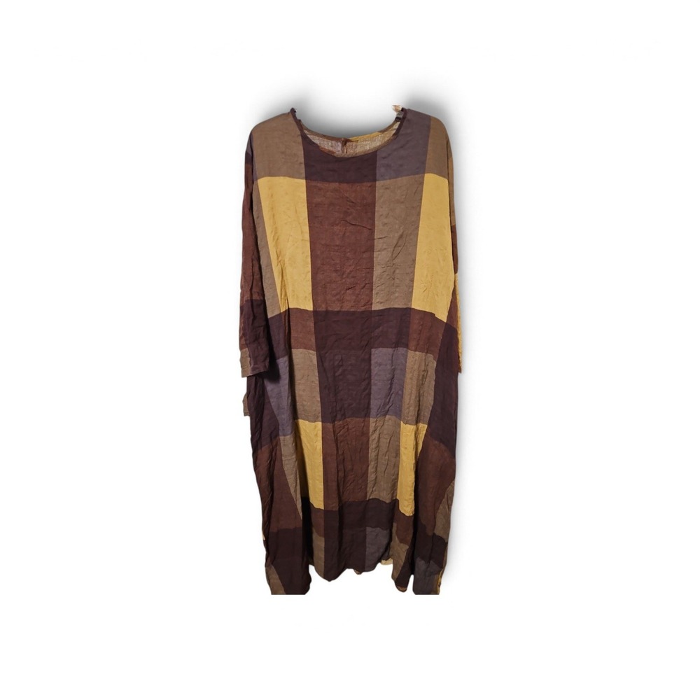 Oversized Plaid Midi Dress Long Sleeve Earth Tone Brown Mustard Yellow Boho 4XL
